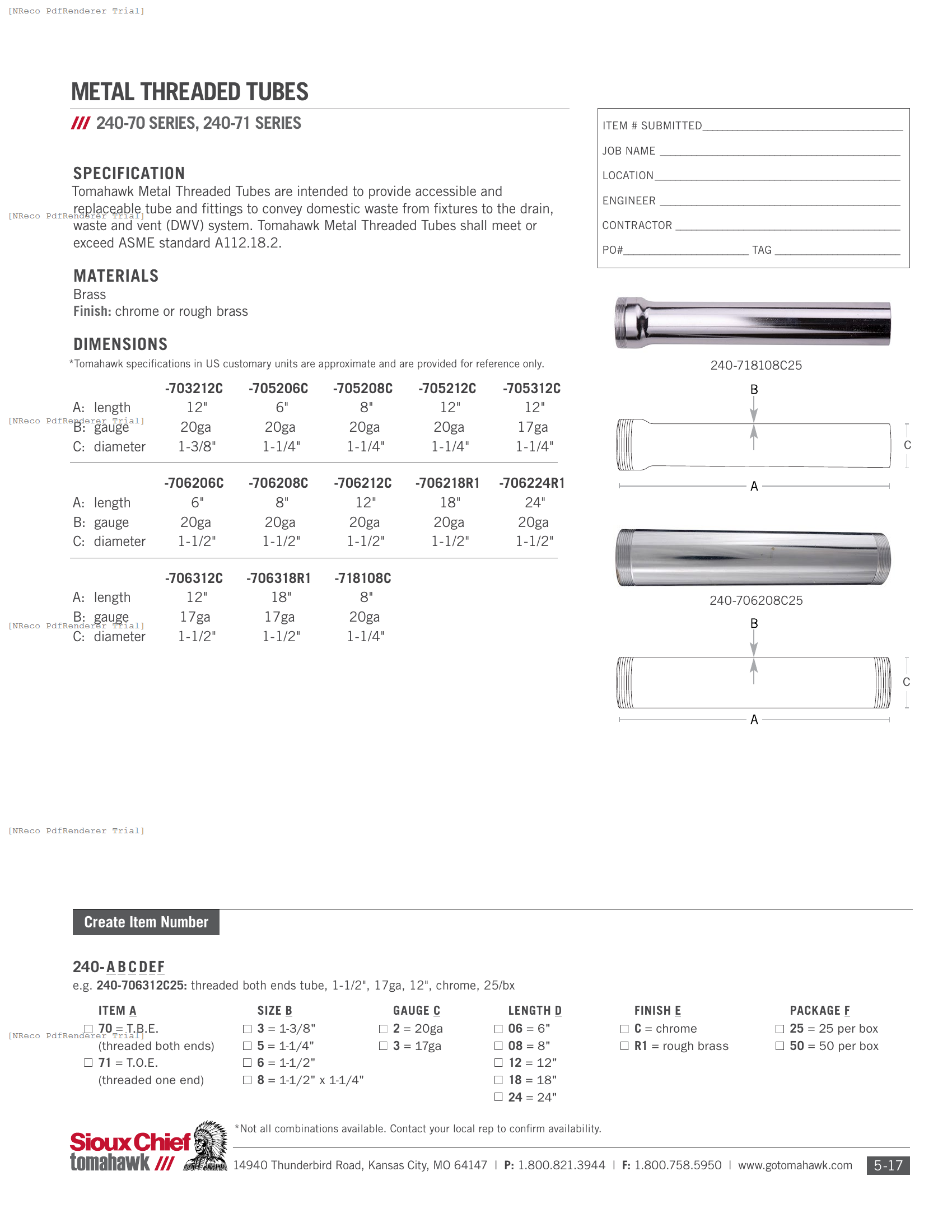240 SERIES - METAL THREADED TUBE - SPEC SHEET.PDF Specification Document